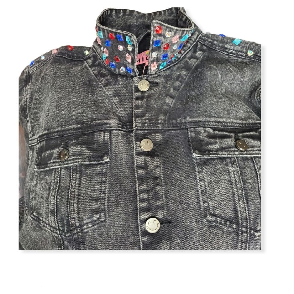 Rock Glam Rhinestone Studded Black Denim Jacket Bedazzled Vintage Size 10 - Picture 8 of 15